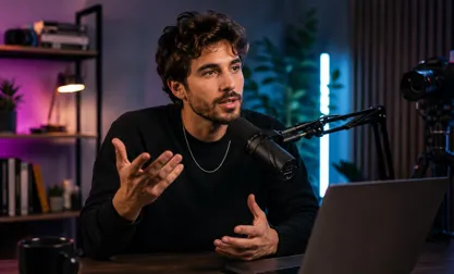 Experto hablando en estudio de podcast como KOL para una campaña de marca